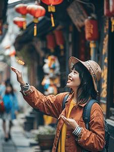 旗子图片摄影照片_女导游向游客介绍景点