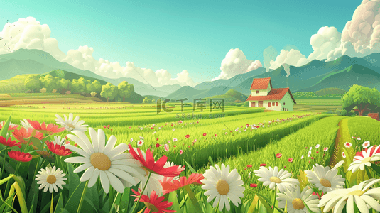 可爱风3D渲染的春天里的绿色田园风景背景