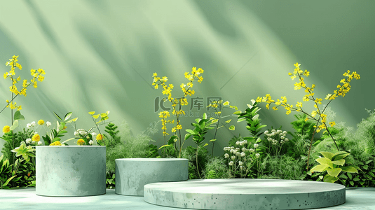 绿色清新花朵背景图片_绿色春天3D花枝促销电商展台图片