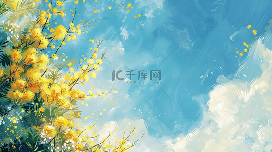 黄花背景图片_春天手绘蓝天白云树枝花草的背景9