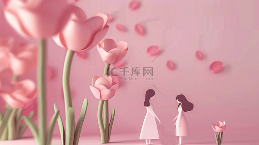 粉色花朵剪纸背景图片_剪纸风粉色母亲节母女和粉色花朵背景1