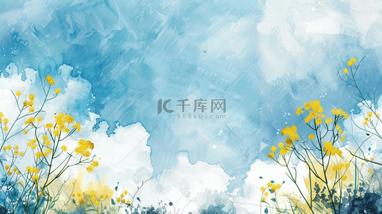 黄花背景图片_春天手绘蓝天白云树枝花草的背景45