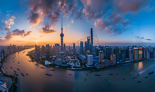 上海高空摄影照片_上海黄浦江外滩陆家嘴日出全景图