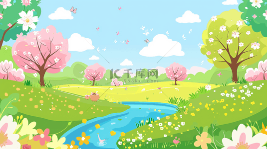 春季背景图片_清新卡通春天桃花春色草地山坡背景素材