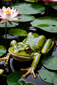 荷叶上的绿色青蛙摄影图6