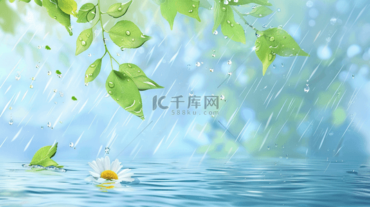 上一背景图片_清新春天雨中的枝叶花朵背景