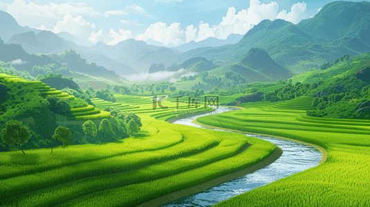 河流白云背景图片_3D渲染的春天里的绿色田园风景背景图