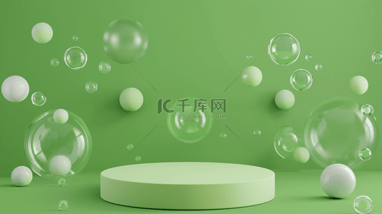 展台设计背景图片_浅绿色春天飘浮气泡半透明质感电商展台设计