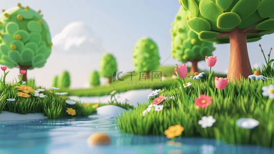 春天可爱风3D渲染公园湖泊风景场景设计图
