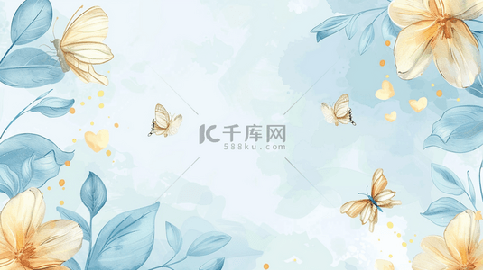 框背景图片_浅蓝色春天清新水彩风花草和蝴蝶素材