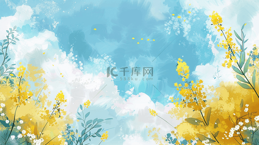 春天手绘蓝天白云树枝花草的背景3