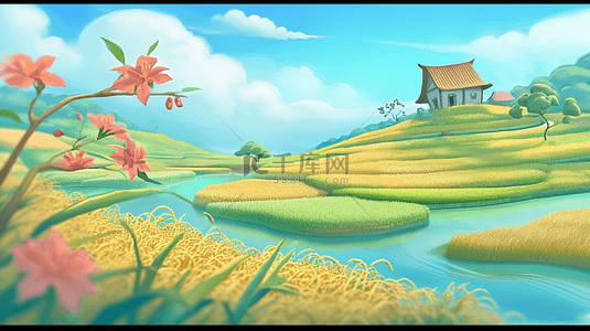 绿色田园背景背景图片_可爱风3D渲染的春天里的绿色田园风景背景