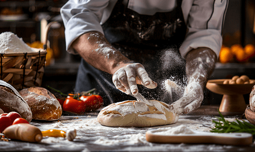 烘焙面包摄影照片_厨师在制作烘焙面包