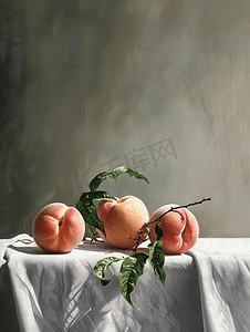 水果简约清新背景摄影照片_早晨桌布上的粉色桃子
