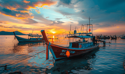 大海的背景素材摄影照片_唯美夕阳下的大海和归航的渔船