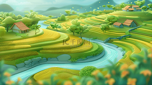 春背景图片_3D渲染的春天里的绿色田园风景背景素材