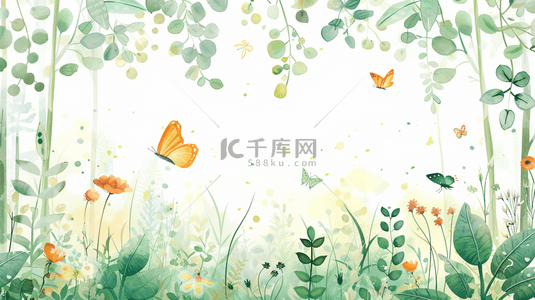 框背景图片_春天清新水彩风花草和蝴蝶背景