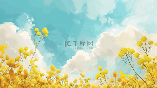 春天的景色手绘背景图片_春天手绘蓝天白云树枝花草的背景16