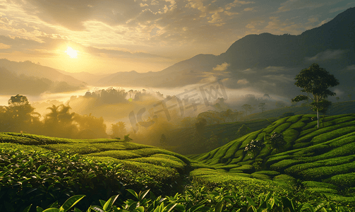 阳光蓝天白云摄影照片_茶山日出唯美