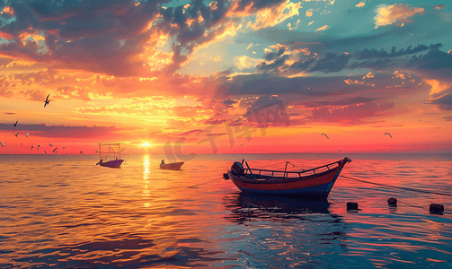 朝霞摄影照片_唯美夕阳下的大海和归航的渔船