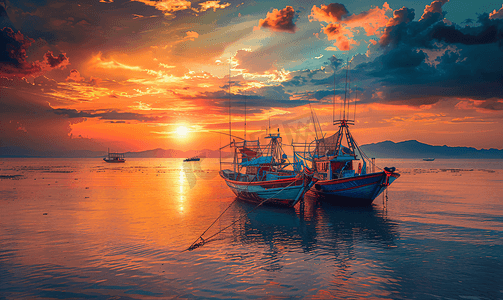 海滩图片摄影照片_夕阳下的渔船
