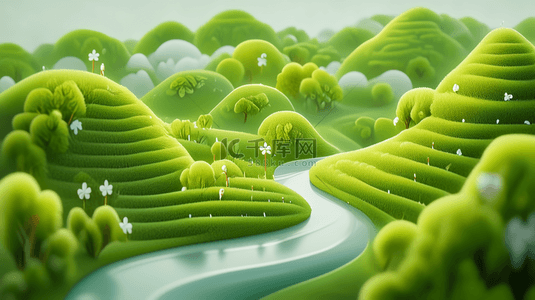 3D渲染春天绿色梯田茶园风景场景背景