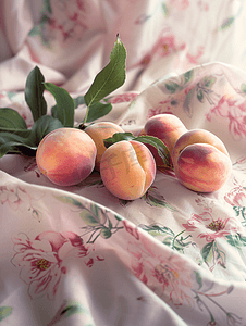 水果简约清新背景摄影照片_早晨桌布上的粉色桃子