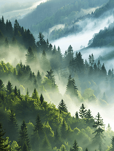 阴森古堡摄影照片_雾中的山林清晨