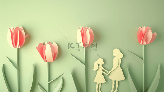 粉色花朵剪纸背景图片_剪纸风粉色母亲节母女和粉色花朵背景6