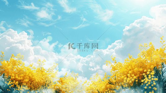 春天手绘蓝天白云树枝花草的背景13
