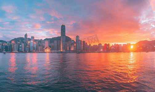 香港维多利亚港湾摄影照片_香港维多利亚港日落全景
