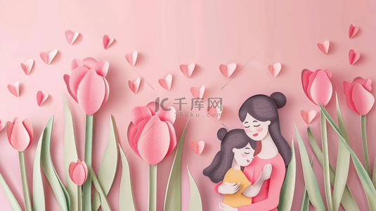 粉色花朵剪纸背景图片_剪纸风粉色母亲节母女和粉色花朵背景