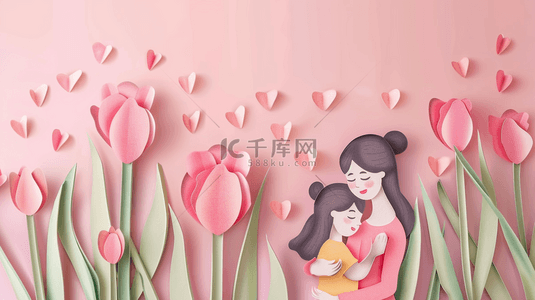 剪纸风粉色母亲节母女和粉色花朵背景