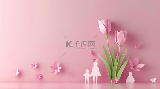 剪纸风粉色母亲节母女和粉色花朵背景