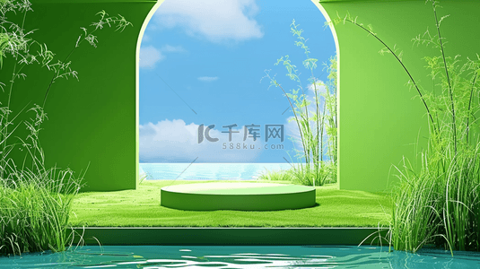 春季背景图片_绿色春天3D拱门展览空间展台场景设计