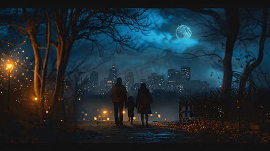 一家人在夜晚公园中散步