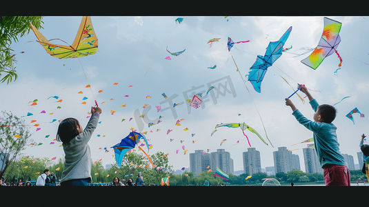 公园放风筝摄影照片_孩子们在滨江公园放风筝