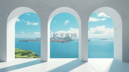 春天蓝色3D拱门展览空间展台场景背景图