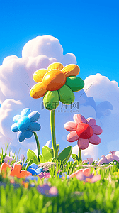 3d大花背景图片_可爱风3D春天蓝天下质感鲜艳的大花朵图片