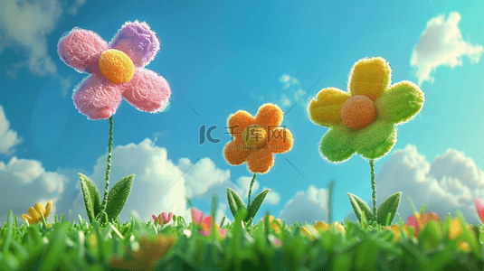 风草地背景图片_可爱风3D春天蓝天下质感鲜艳的大花朵素材