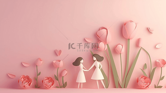 粉色剪纸背景背景图片_剪纸风粉色母亲节母女和粉色花朵背景