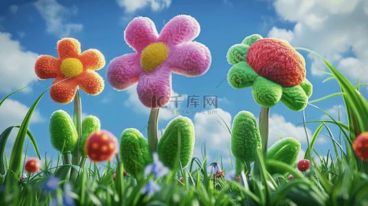 春背景图片_可爱风3D春天蓝天下质感鲜艳的大花朵背景
