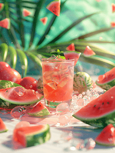 西瓜气泡摄影照片_夏季冰爽鲜榨西瓜汁
