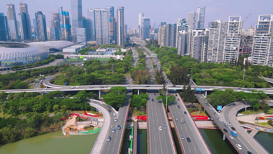 航拍深圳城市交通高架桥交通