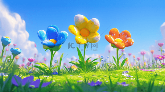 草地质感背景图片_可爱风3D春天蓝天下质感鲜艳的大花朵素材