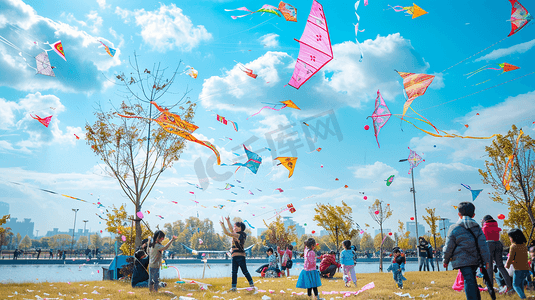 风筝顶棚摄影照片_孩子们在滨江公园放风筝