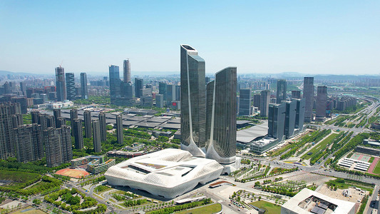 环绕航拍南京河西城市地标建筑CBD商务大楼双子楼