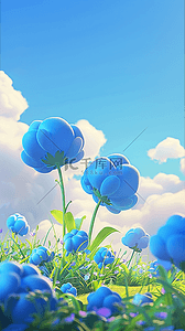 草地花朵卡通背景图片_春天可爱风3D蓝色质感花朵设计图