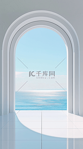 展台背景图片_蓝色大海风景3D拱窗大窗展台设计