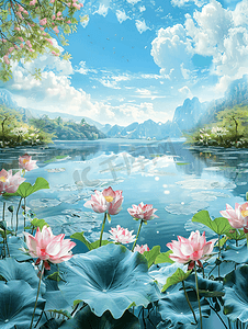水天一色的美丽花湖